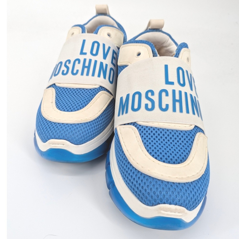 Love Moschino Sneakers Women 38 Blue Logo Strap Heart Designer Streetwear Shoes